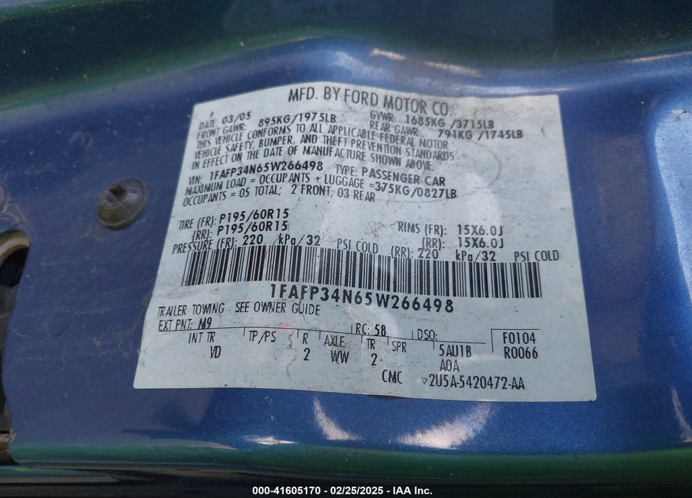 2005 FORD FOCUS ZX4 VIN: 1FAFP34N65W266498