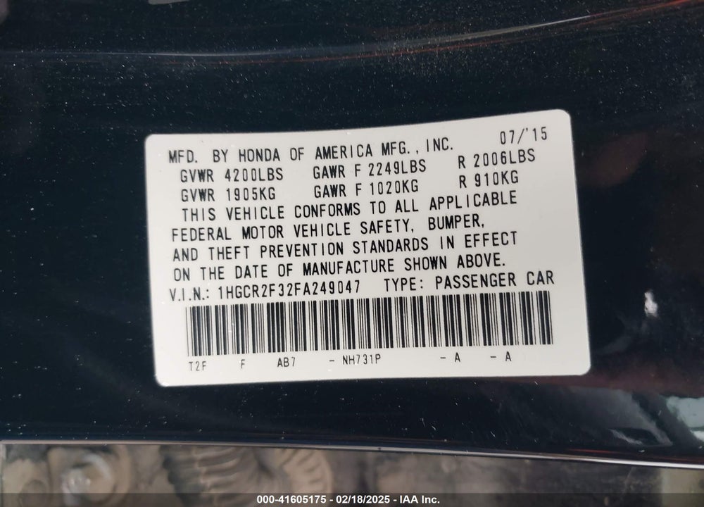 2015 HONDA ACCORD SEDAN VIN: 1HGCR2F32FA249047