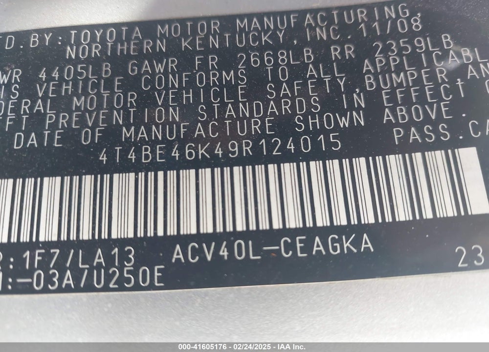 2009 TOYOTA CAMRY VIN: 4T4BE46K49R124015