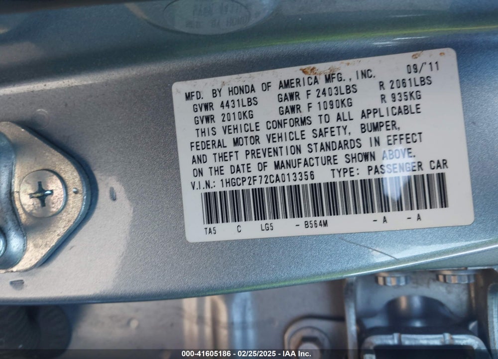 2012 HONDA ACCORD VIN: 1HGCP2F72CA013356