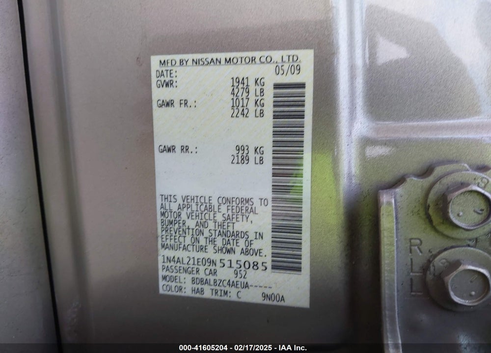 2009 NISSAN ALTIMA 2.5 S VIN: 1N4AL21E09N515085