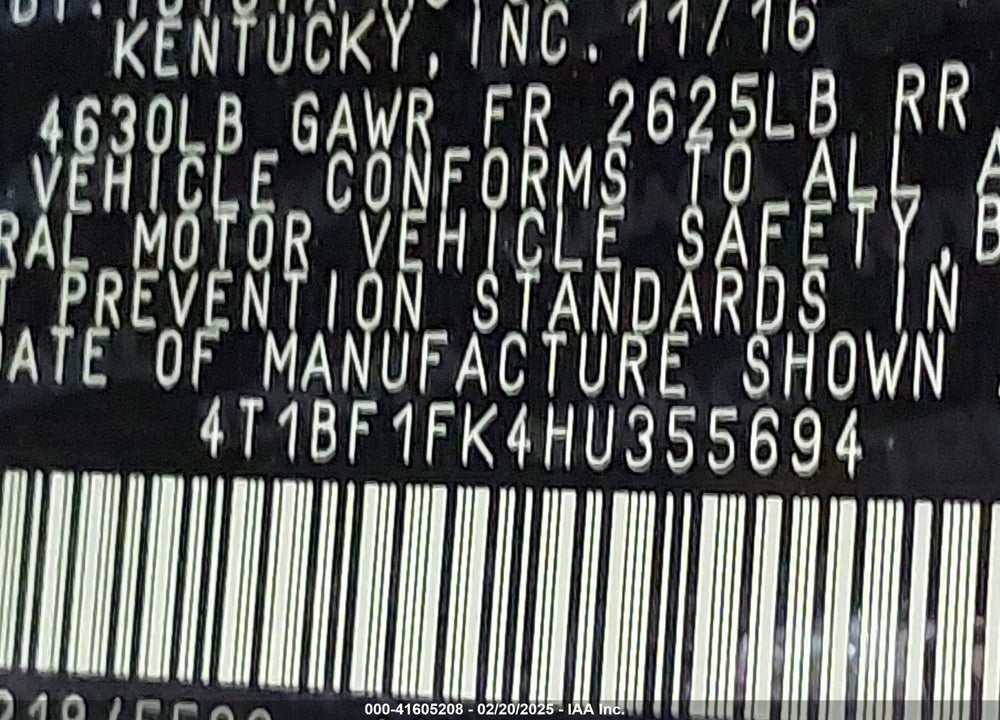 2017 TOYOTA CAMRY VIN: 4T1BF1FK4HU355694