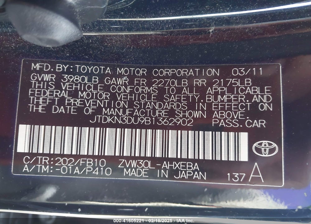 2011 TOYOTA PRIUS TWO VIN: JTDKN3DU9B1362902