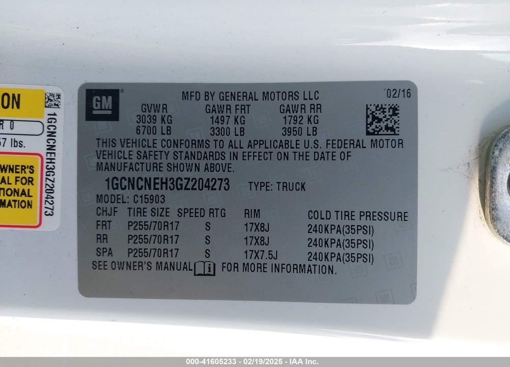 2016 CHEVROLET SILVERADO 1500 VIN: 1GCNCNEH3GZ204273