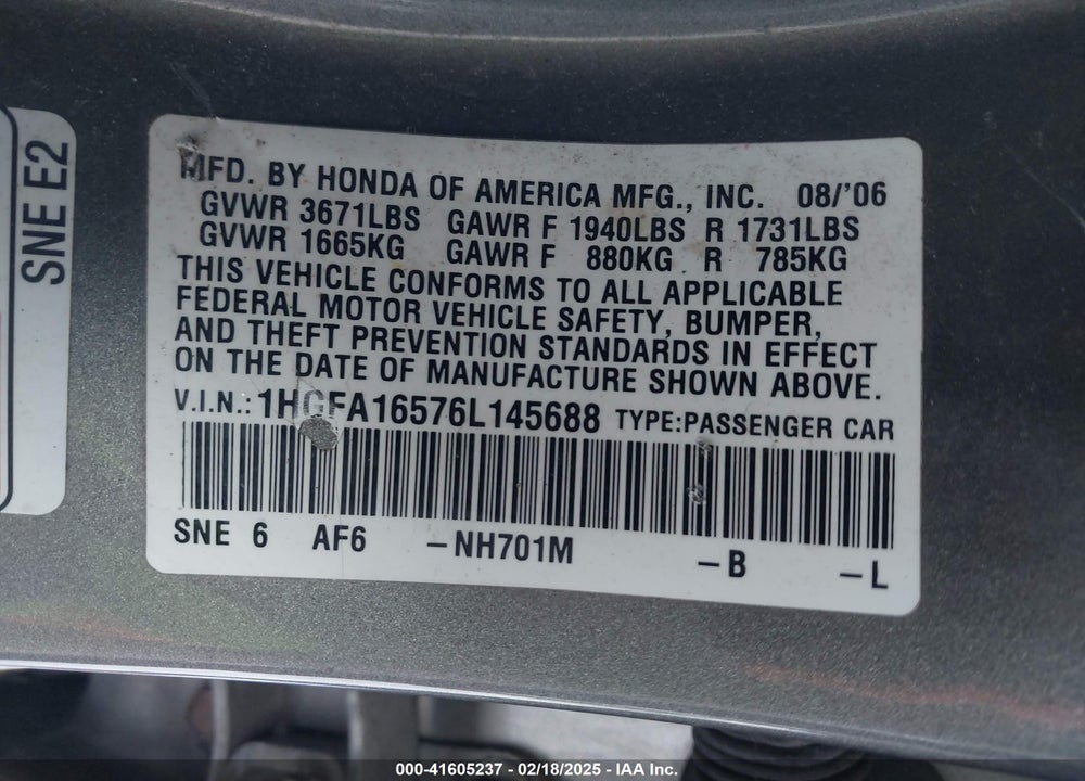 2006 HONDA CIVIC LX VIN: 1HGFA16576L145688