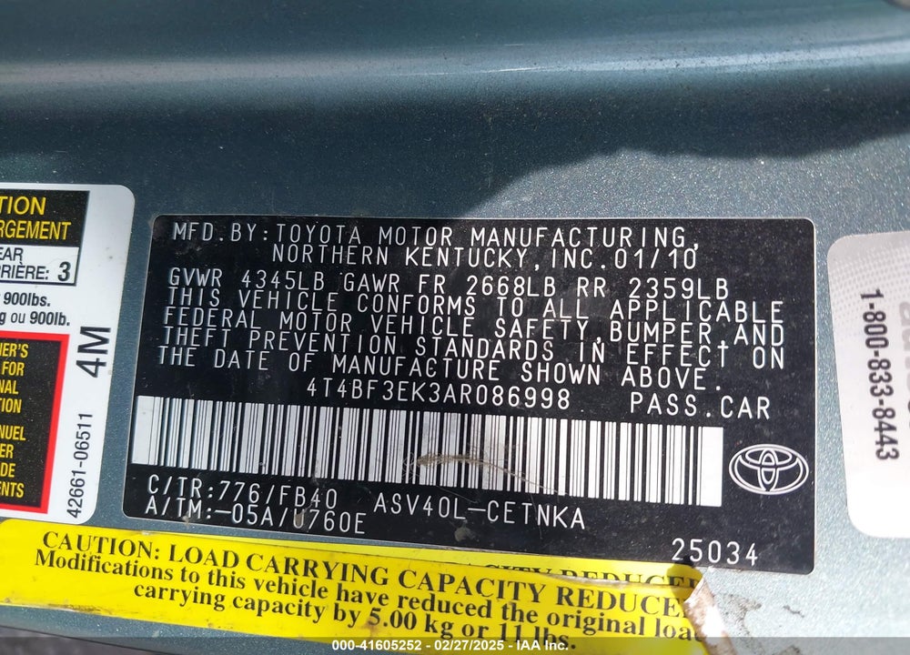 2010 TOYOTA CAMRY VIN: 4T4BF3EK3AR086998