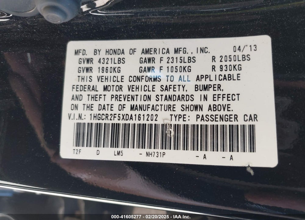 2013 HONDA ACCORD VIN: 1HGCR2F5XDA161202