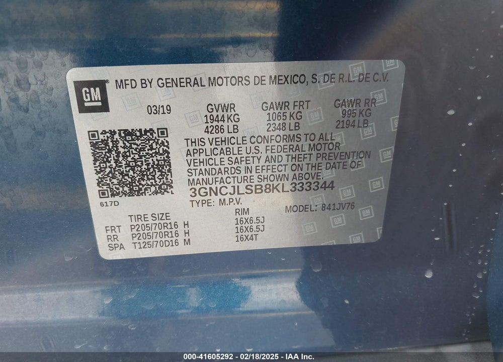 2019 CHEVROLET TRAX LT VIN: 3GNCJLSB8KL333344
