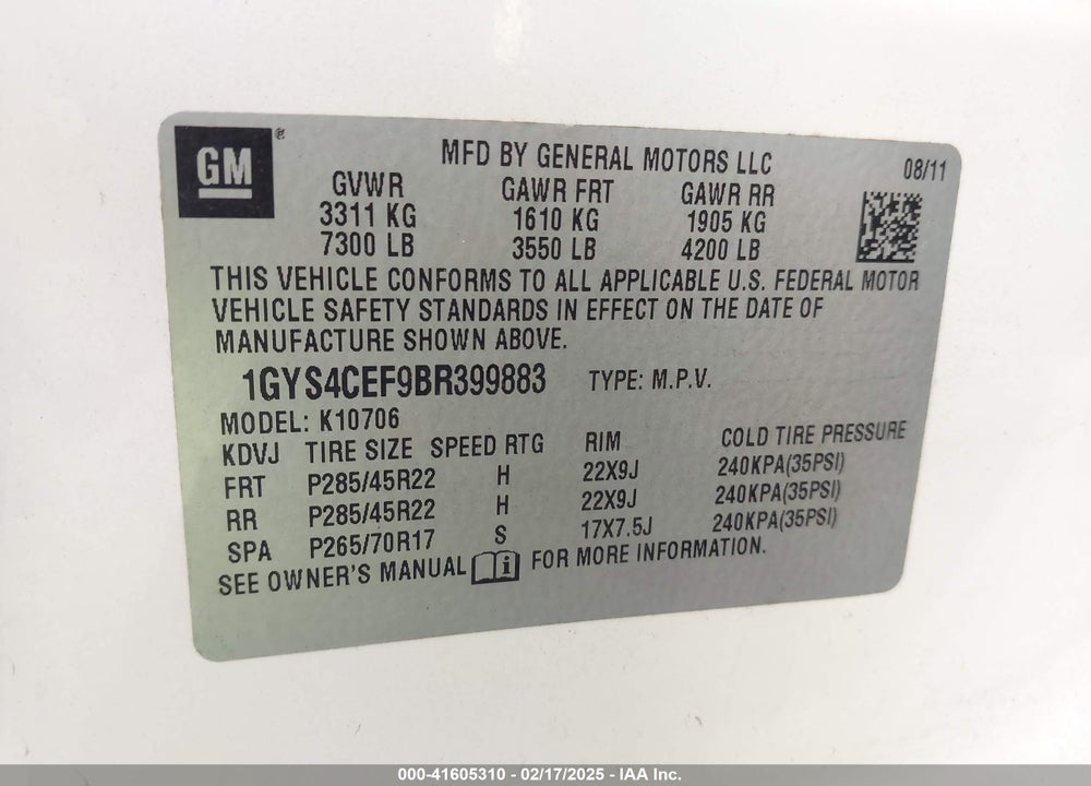2011 CADILLAC ESCALADE PREMIUM VIN: 1GYS4CEF9BR399883