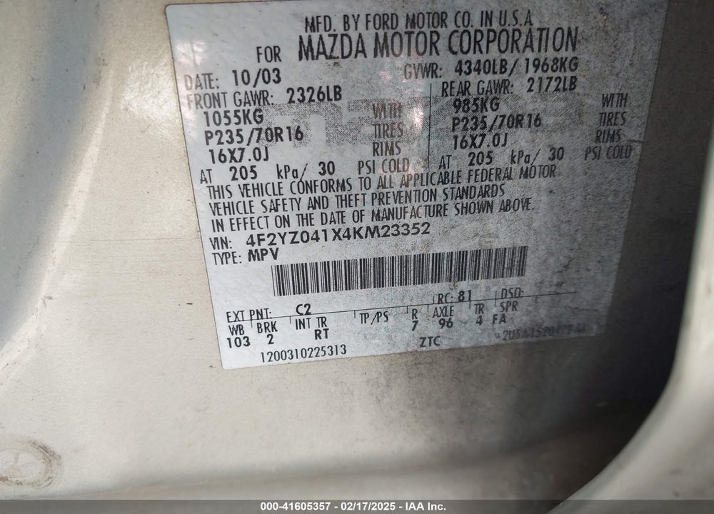 2004 MAZDA TRIBUTE VIN: 4F2YZ041X4KM23352