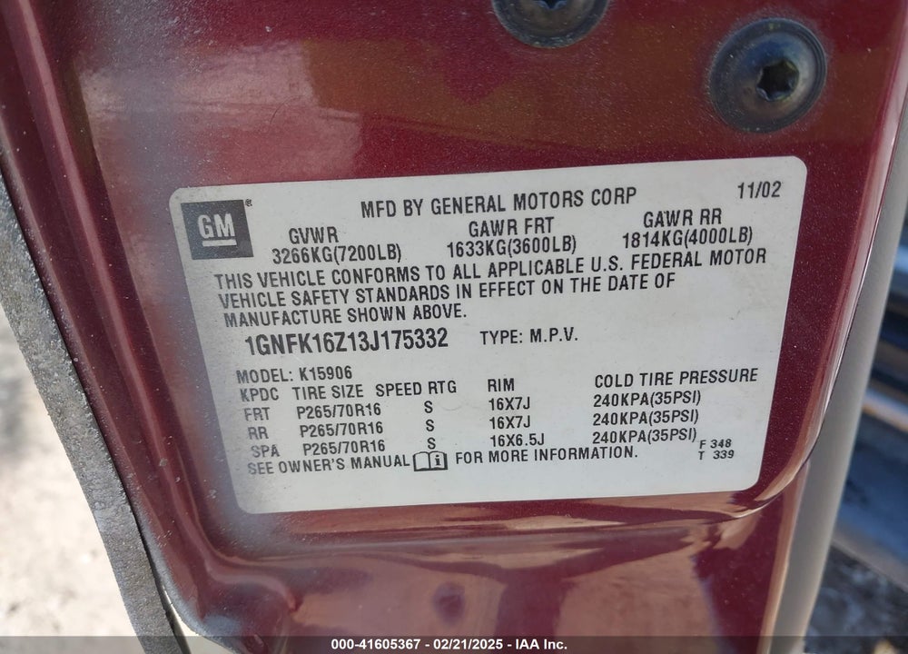 2003 CHEVROLET SUBURBAN 1500 LS VIN: 1GNFK16Z13J175332