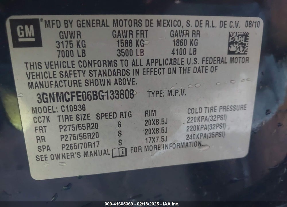 2011 CHEVROLET AVALANCHE 1500 VIN: 3GNMCFE06BG133808