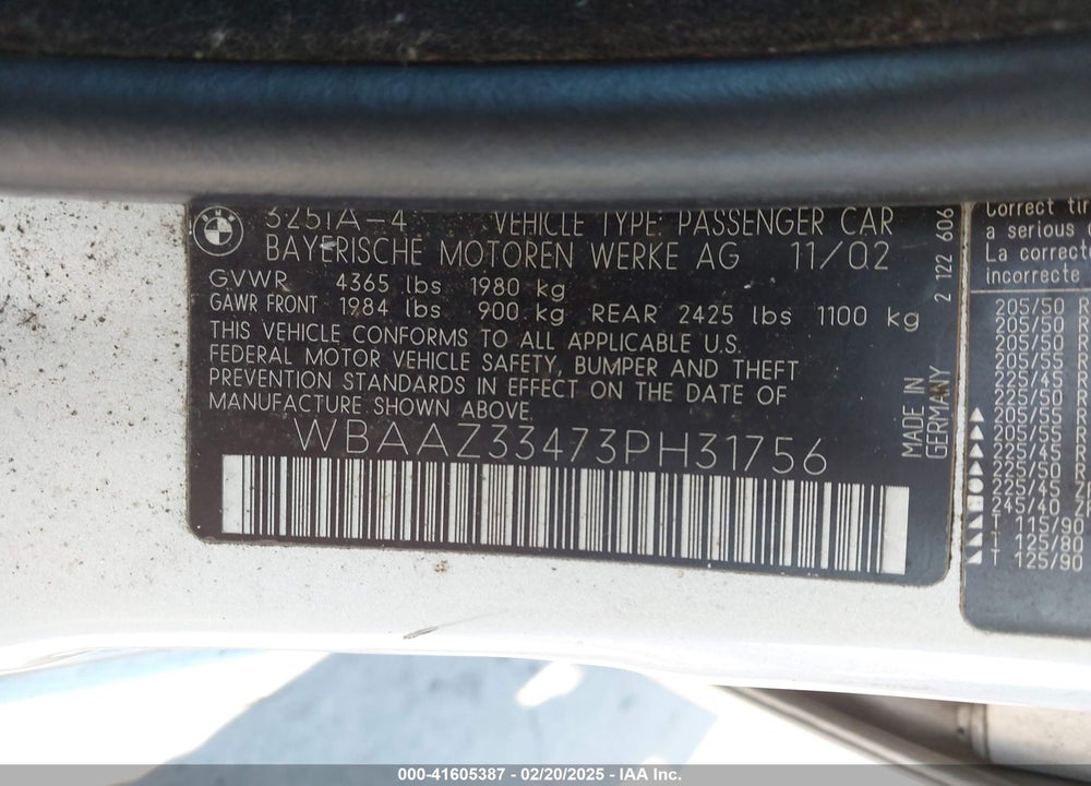 2003 BMW 325I VIN: WBAAZ33473PH31756