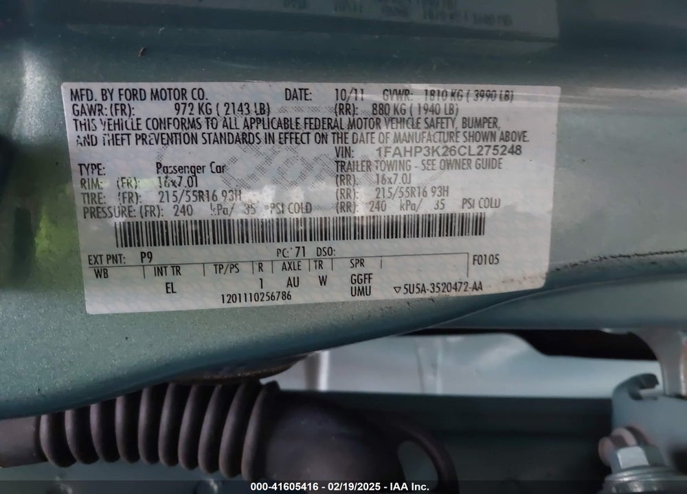 2012 FORD FOCUS VIN: 1FAHP3K26CL275248
