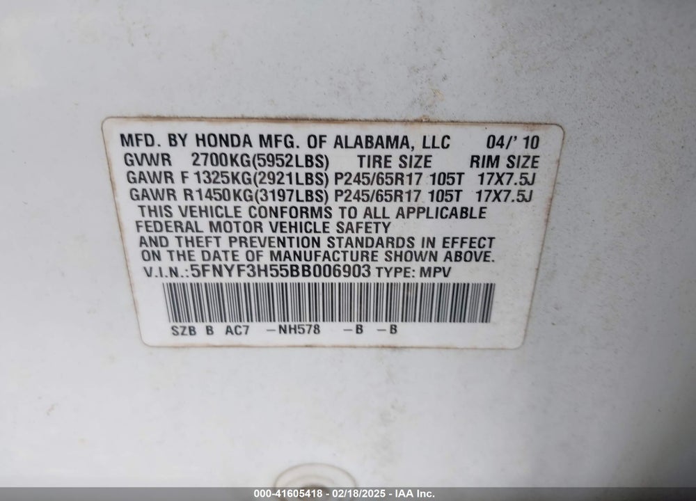 2011 HONDA PILOT EX-L VIN: 5FNYF3H55BB006903