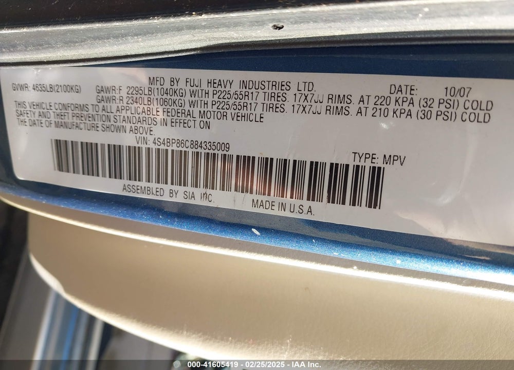 2008 SUBARU OUTBACK VIN: 4S4BP86C884335009