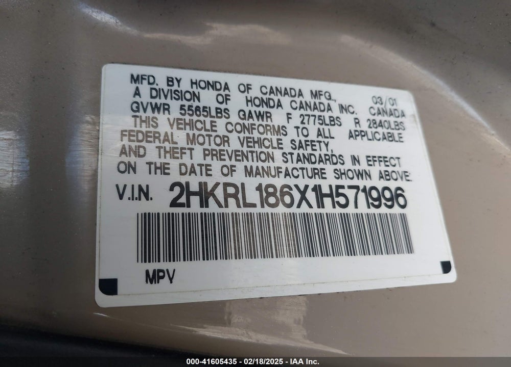 2001 HONDA ODYSSEY EX VIN: 2HKRL186X1H571996