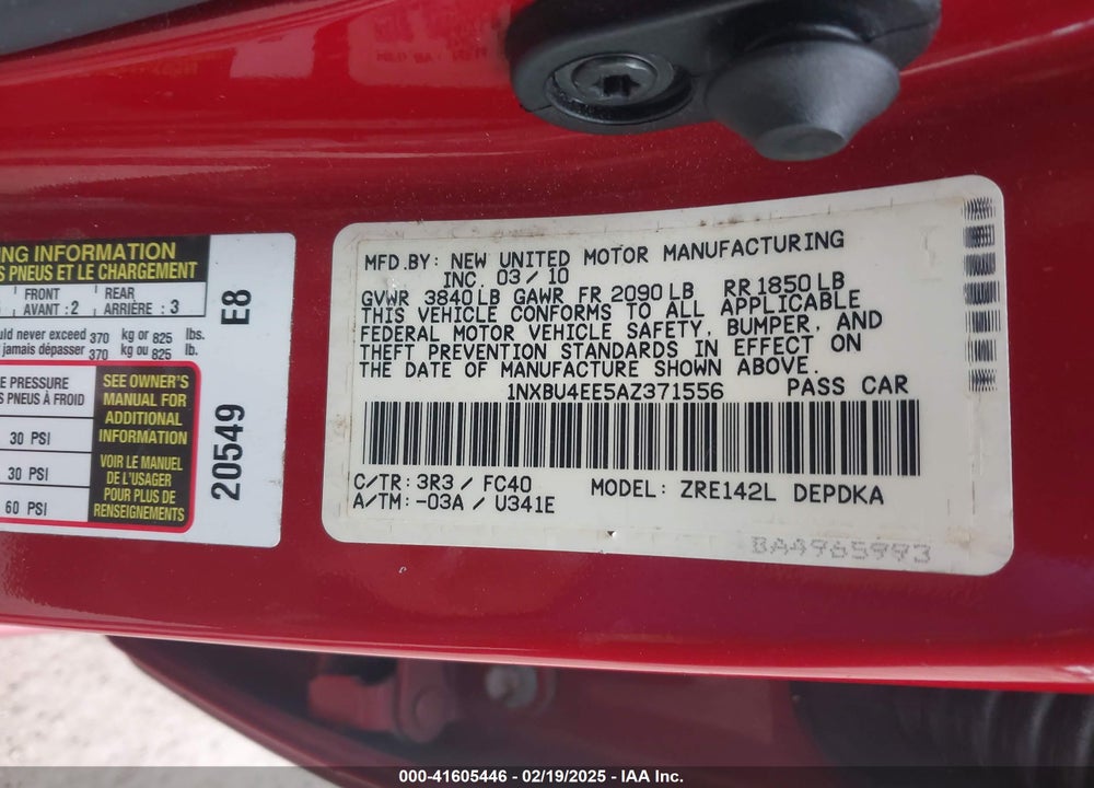 2010 TOYOTA COROLLA LE VIN: 1NXBU4EE5AZ371556