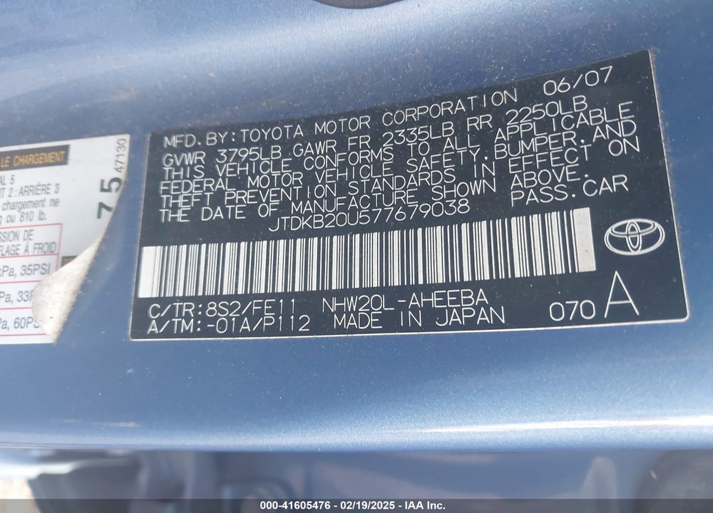 2007 TOYOTA PRIUS VIN: JTDKB20U577679038