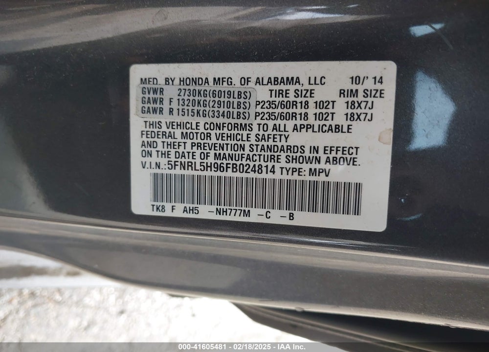 2015 HONDA ODYSSEY VIN: 5FNRL5H96FB024814