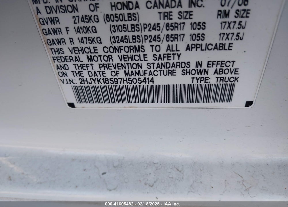 2007 HONDA RIDGELINE RTL VIN: 2HJYK16597H505414