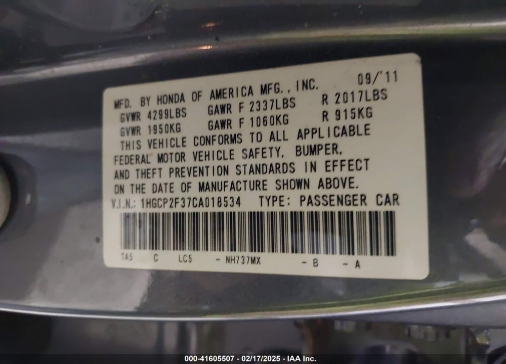 2012 HONDA ACCORD 2.4 LX VIN: 1HGCP2F37CA018534