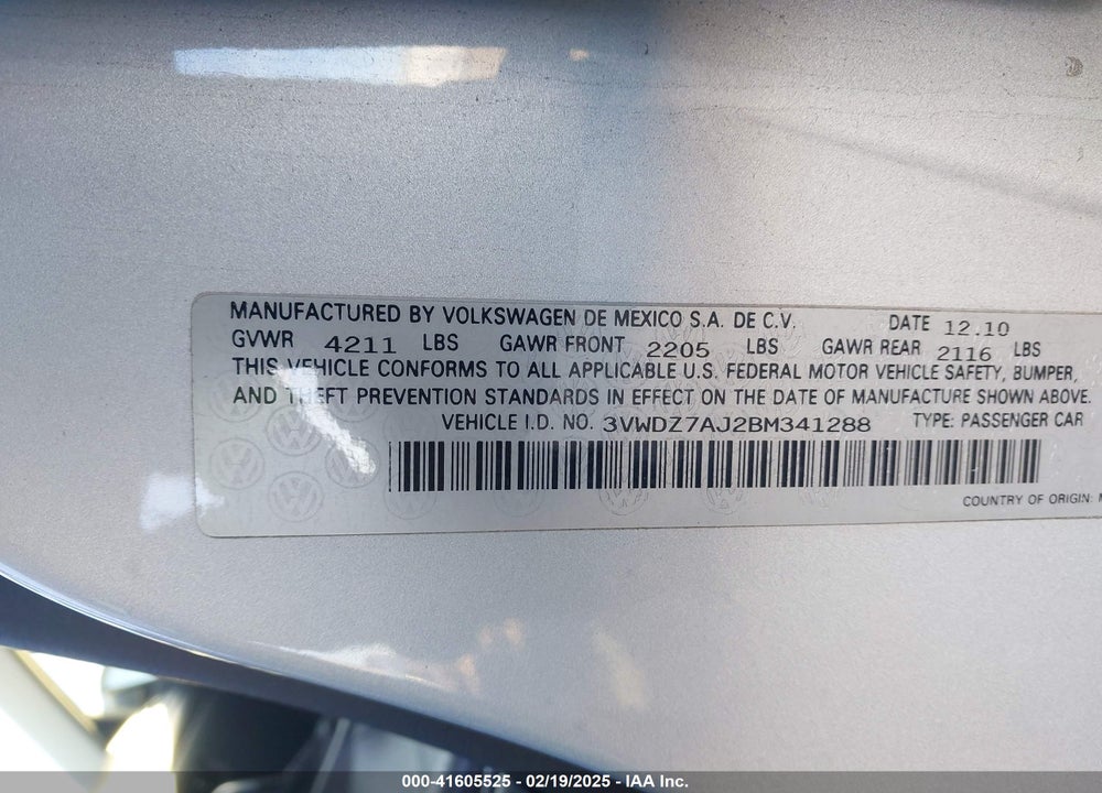 2011 VOLKSWAGEN JETTA VIN: 3VWDZ7AJ2BM341288
