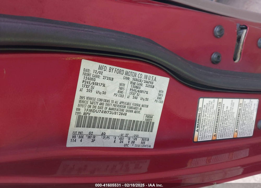 2003 FORD EXPLORER EDDIE BAUER VIN: 1FMDU74W73UB12848