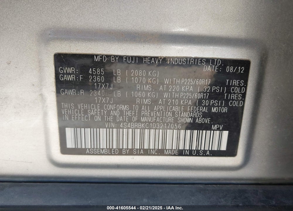 2013 SUBARU OUTBACK 2.5I LIMITED VIN: 4S4BRBKC1D3217056