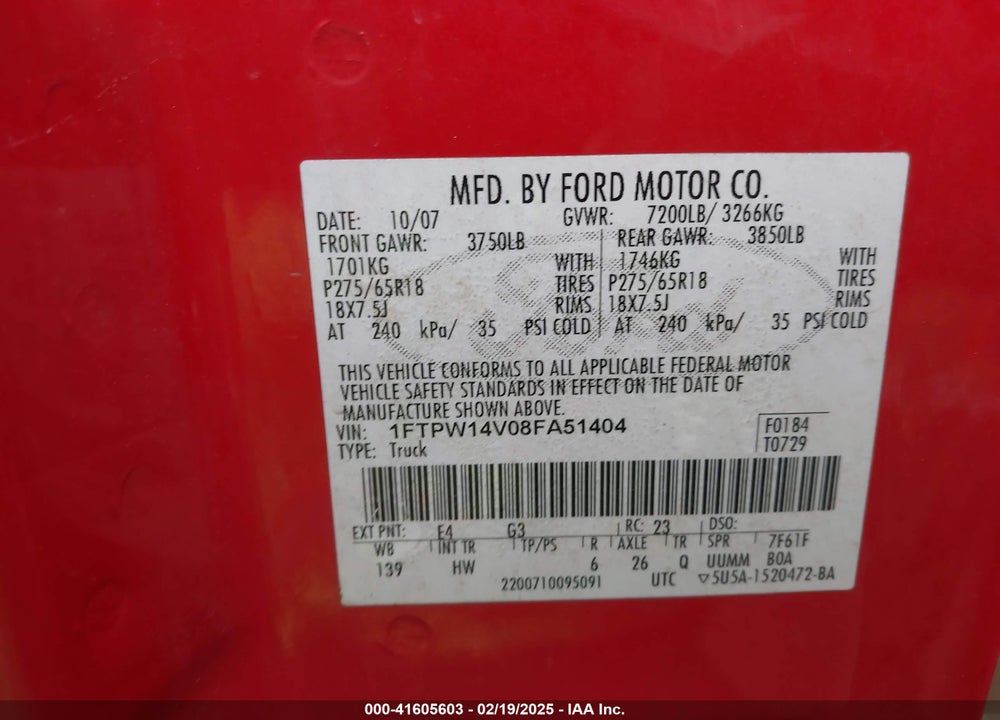 2008 FORD F-150 VIN: 1FTPW14V08FA51404