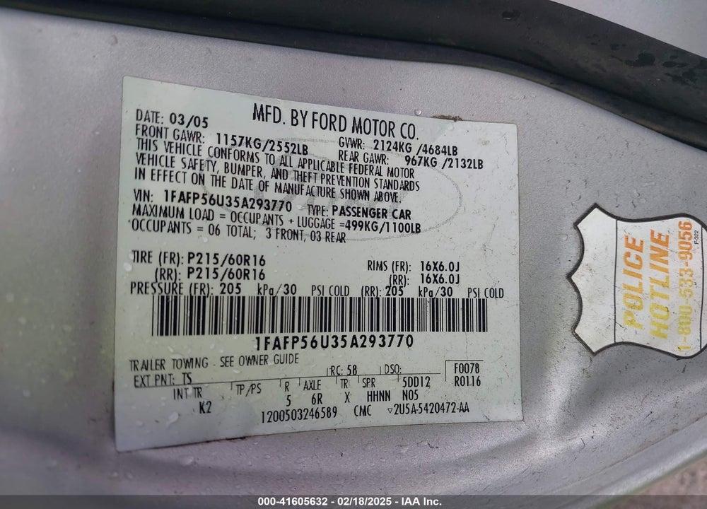 2005 FORD TAURUS SEL VIN: 1FAFP56U35A293770