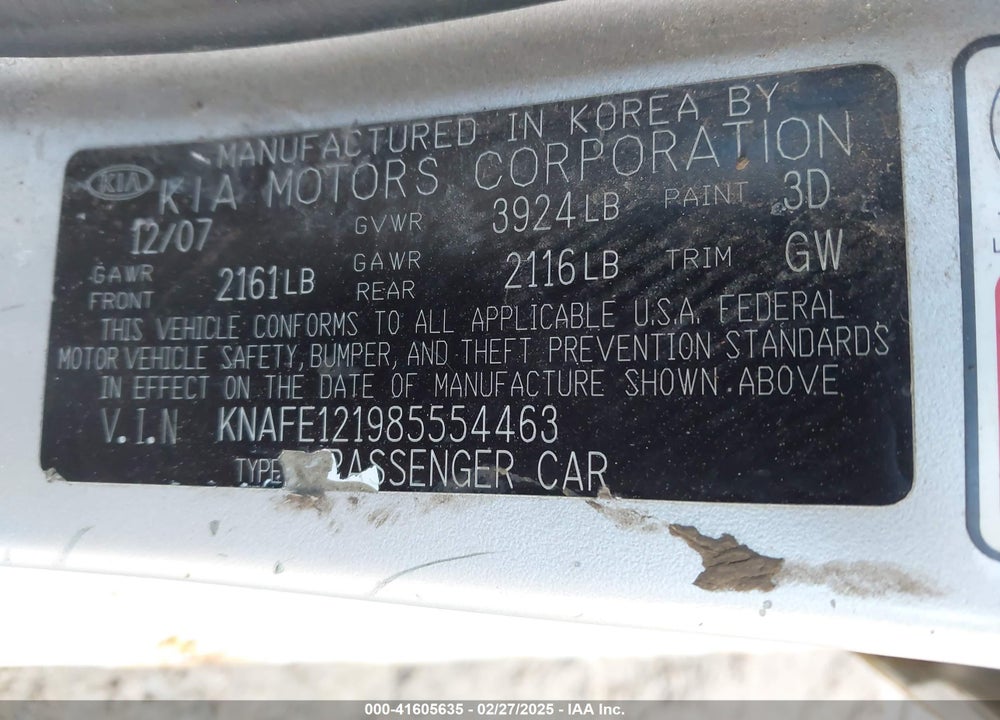 2008 KIA SPECTRA VIN: KNAFE121985554463