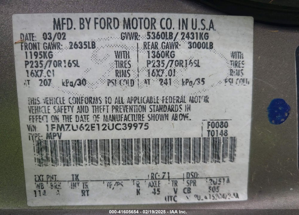 2002 FORD EXPLORER XLS VIN: 1FMZU62E12UC39975