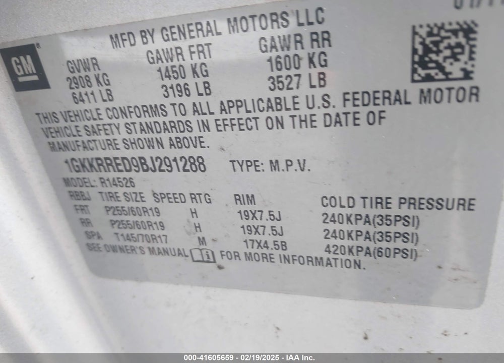 2011 GMC ACADIA SLT-1 VIN: 1GKKRRED9BJ291288