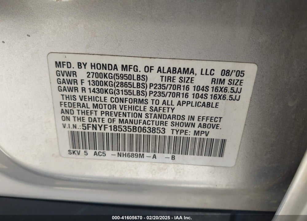 2005 HONDA PILOT VIN: 5FNYF18535B063853