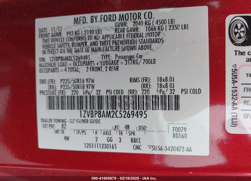 2012 FORD MUSTANG VIN: 1ZVBP8AM2C5269495