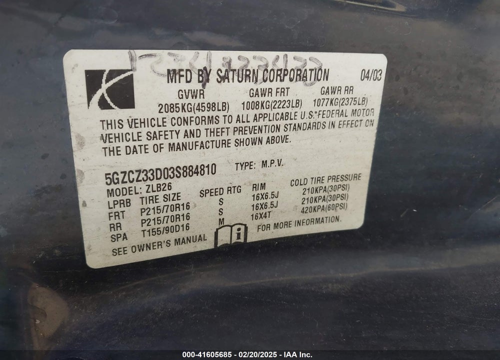 2003 SATURN VUE 4 CYL VIN: 5GZCZ33D03S884810