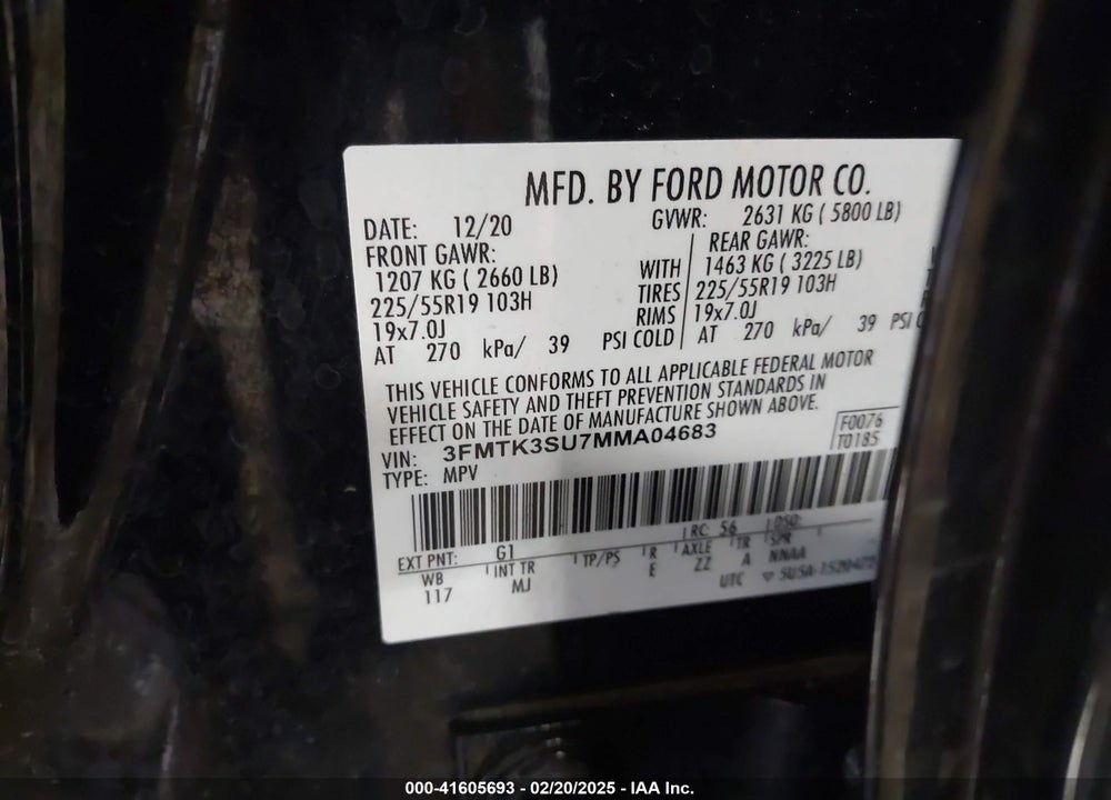 2021 FORD MUSTANG MACH-E VIN: 3FMTK3SU7MMA04683