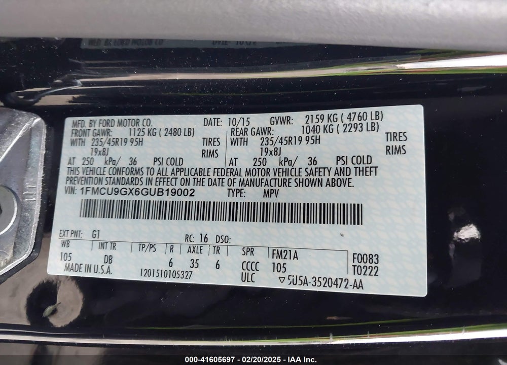2016 FORD ESCAPE SE VIN: 1FMCU9GX6GUB19002