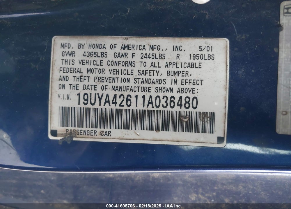 2001 ACURA CL 3.2 TYPE S VIN: 19UYA42611A036480