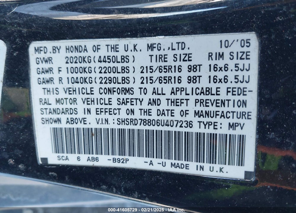 2006 HONDA CR-V EX VIN: SHSRD78806U407236