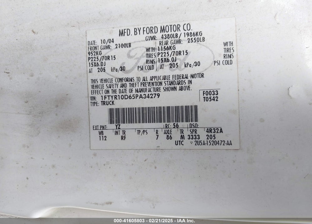 2005 FORD RANGER XL/XLS/XLT VIN: 1FTYR10D65PA34279