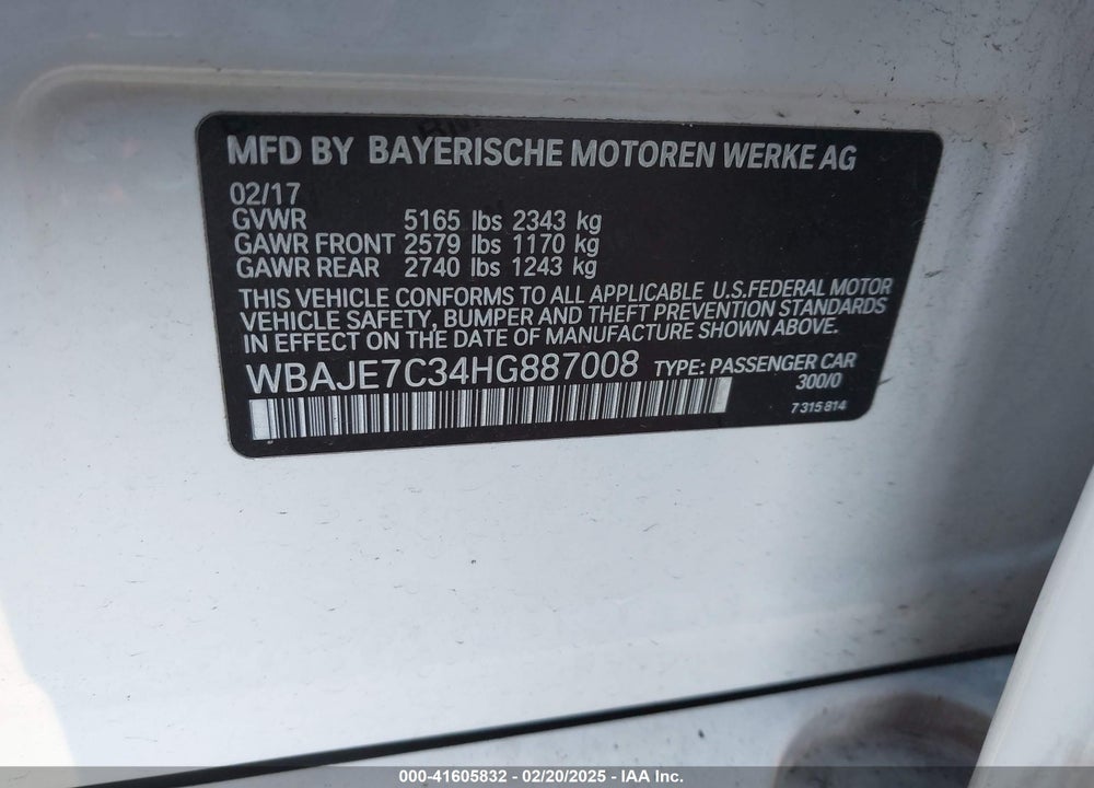 2017 BMW 540I XDRIVE VIN: WBAJE7C34HG887008