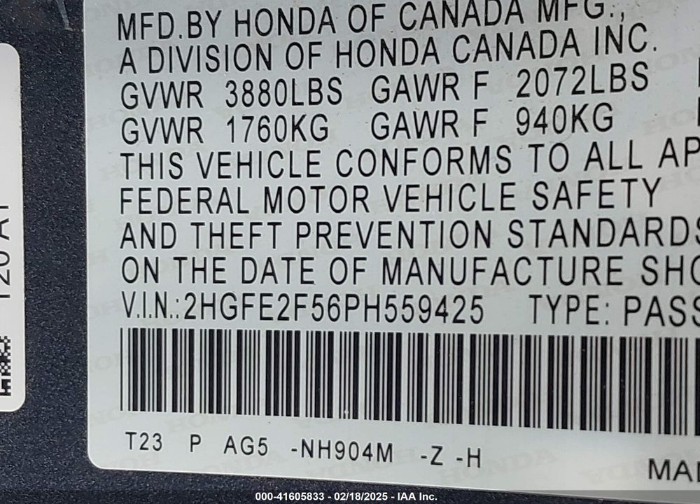 2023 HONDA CIVIC VIN: 2HGFE2F56PH559425