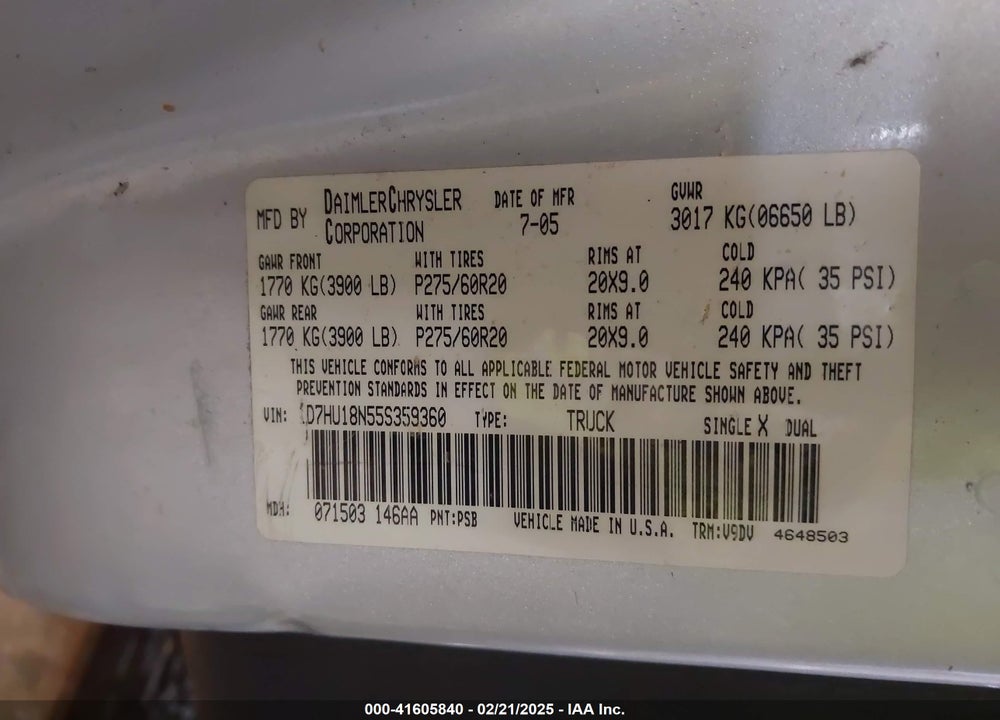 2005 DODGE RAM 1500 SLT/LARAMIE VIN: 1D7HU18N55S359360