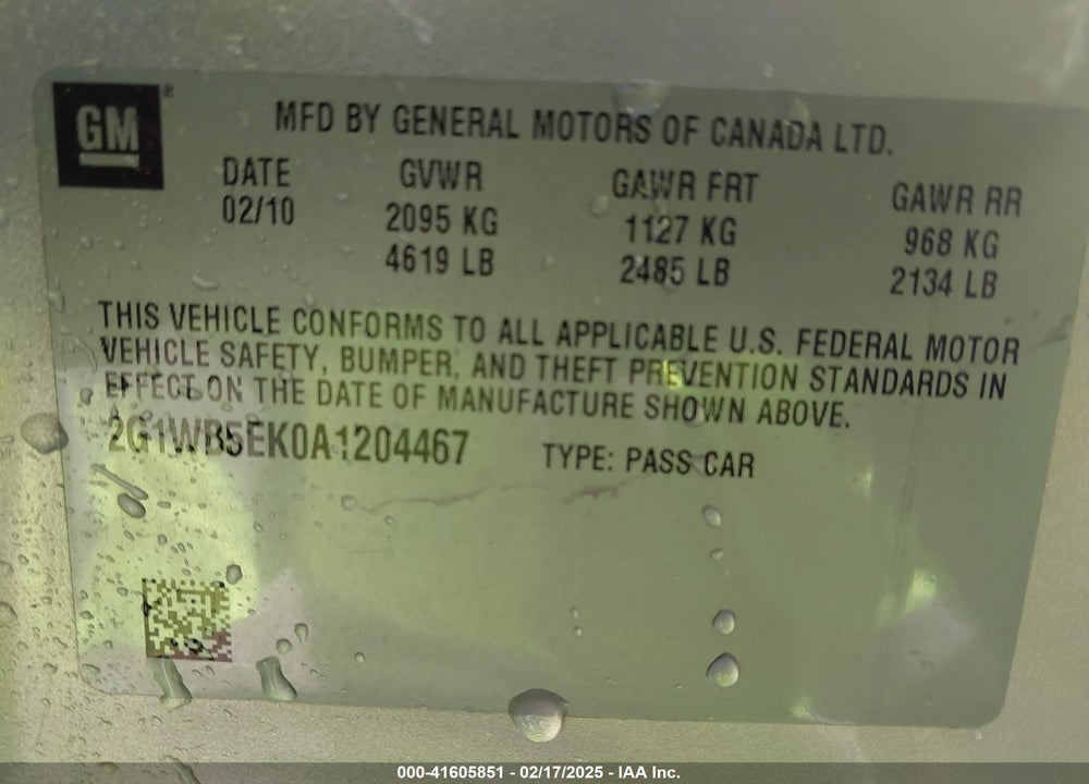 2010 CHEVROLET IMPALA VIN: 2G1WB5EK0A1204467