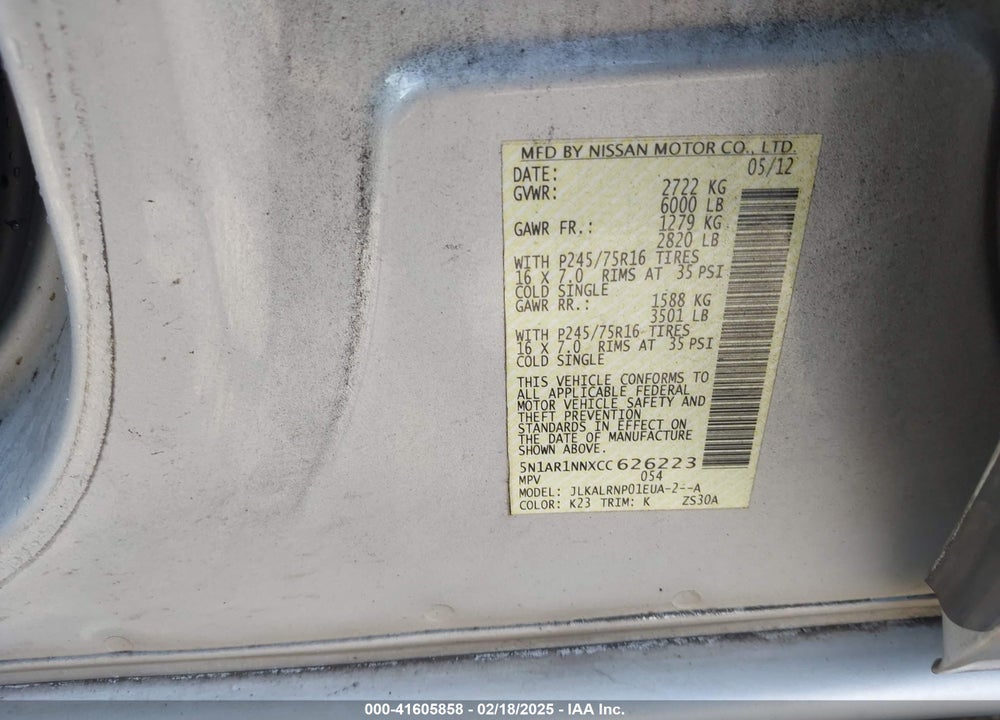 2012 NISSAN PATHFINDER S VIN: 5N1AR1NNXCC626223