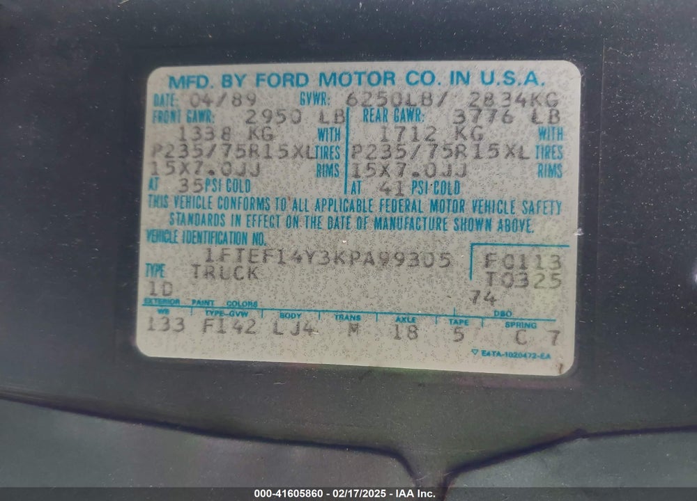 1989 FORD F150 VIN: 1FTEF14Y3KPA99305