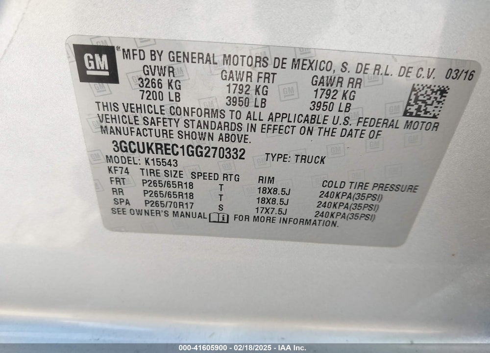 2016 CHEVROLET SILVERADO 1500 VIN: 3GCUKREC1GG270332