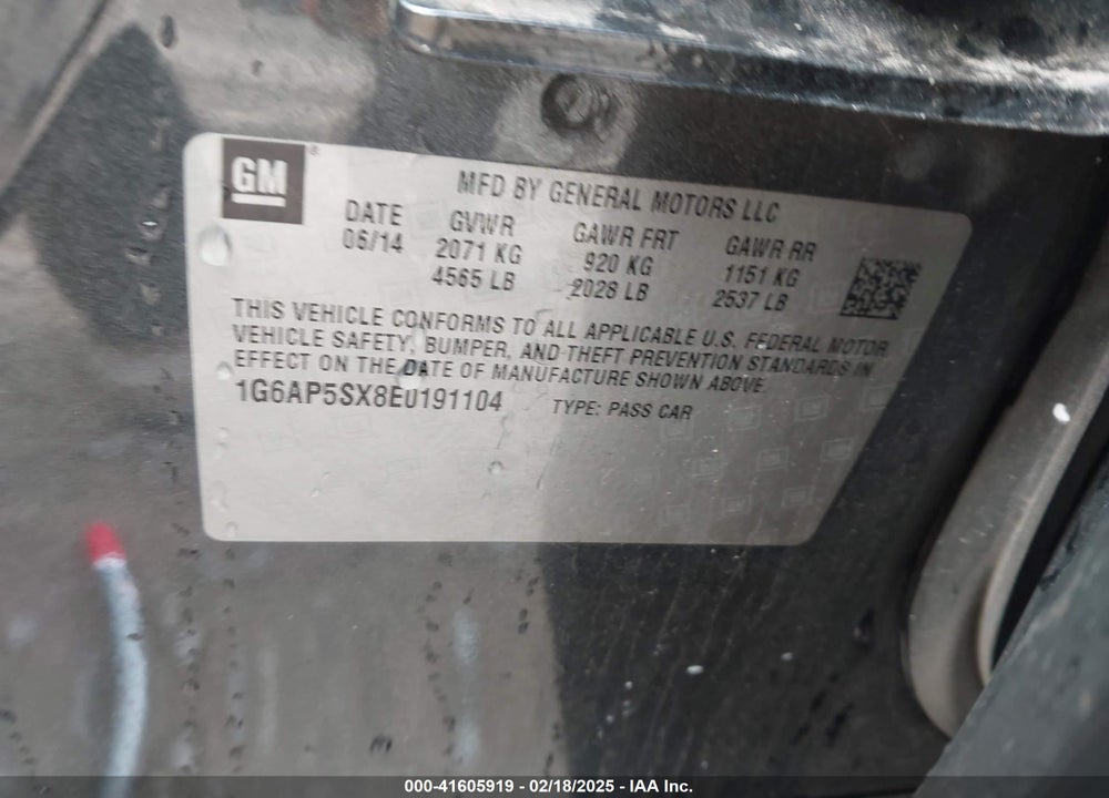 2014 CADILLAC CTS VIN: 1G6AP5SX8E0191104